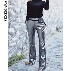 SEXEMARA пряжка на молнии модные серебристые широкие брюки женские зимние повседневные с высокой талией расклешенные брюки уличная C76-AC53