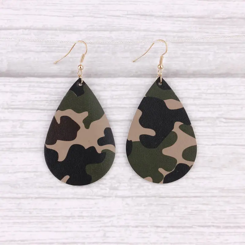 

Teardrop Camoflauge Leather Drop Earrings Military Printed Teardrop Leather Dangle Drop Earrings for Women Personality Earrings