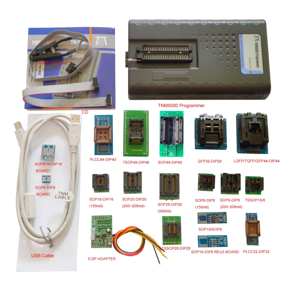 TNM5000 USB EPROM программатор+ 18 гнезд+ IC зажим для NAND flash/EPROM/MCU/PLD/FPGA/ISP/JTAG, поддержка K9GAG08U0E