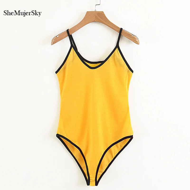 SheMujerSky 2018 V Neck Spaghetti Strap Sleeveless Bodysuit Yellow Cami ...