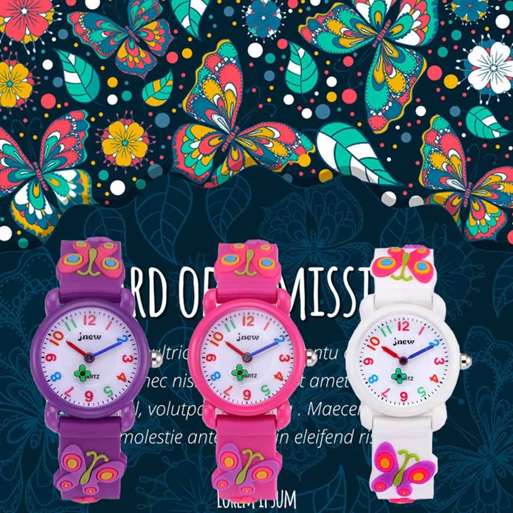 Детские часы с 3D мультяшными бабочками и цветами, силиконовые ремешки, детские часы, кварцевые наручные часы для маленьких девочек, милые часы, Montre Enfant