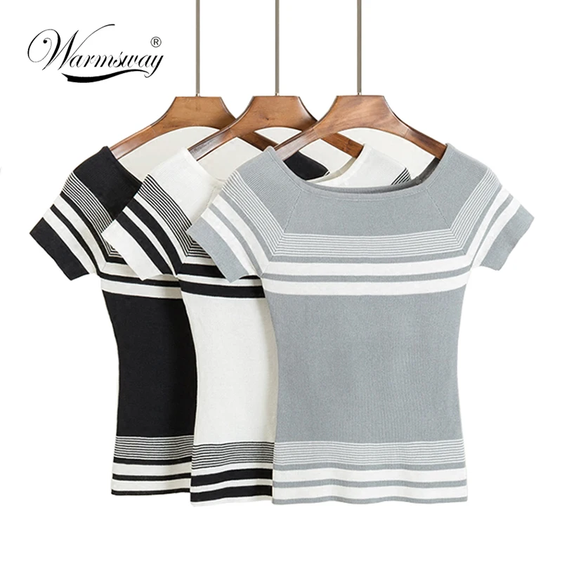 

Summer Knitted Women Sexy Slash neck T-shirt High Elasticity Short Sleeves Female crochet top vintage solid Tee A-038