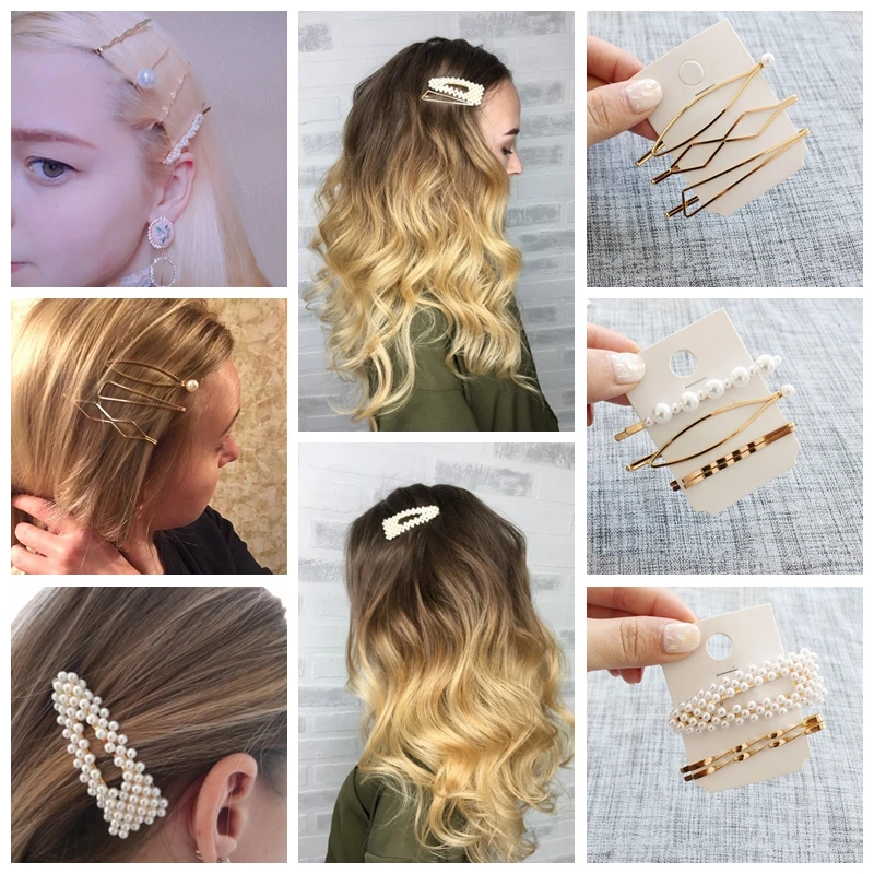 

1 Set Imitiation Pearl Hair Clip Hair Band Geometric Irregular Gold Color Ladies Girls Hairclips Barrette Women Hair Accessories