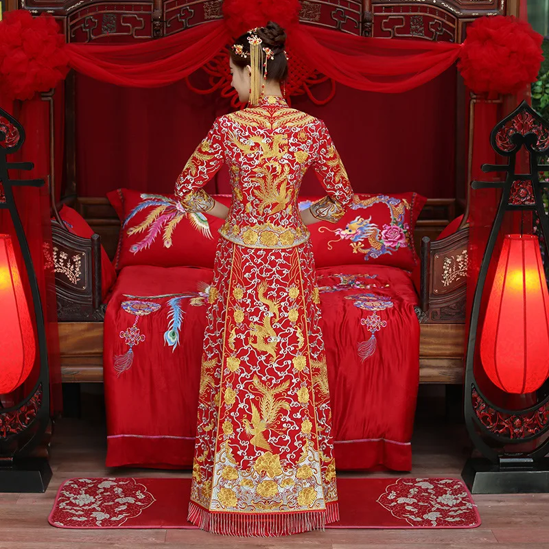 Роскошное древнее Королевское красное китайское свадебное платье, традиционная вышивка невесты, Cheongsam, женские вечерние платья с восточным драконом Фениксом