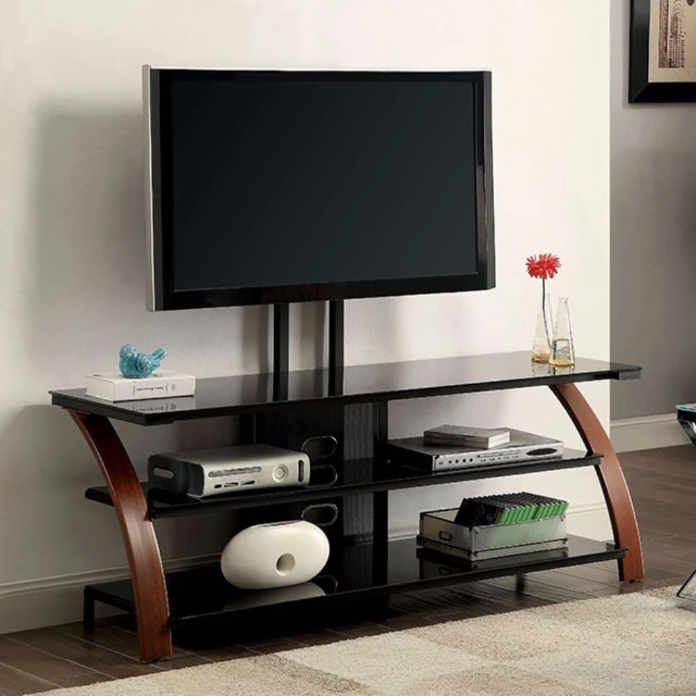 Stunning 72 TV Wooden Metal Stand With Black Tempered Glass, Black/Brown