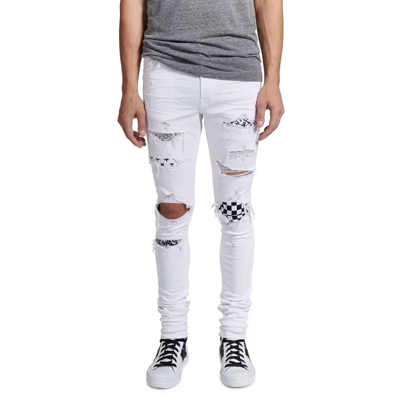 High Street Fashion Men's Jeans White Color Skinny Fit Hip Hop Jeans Stretch Punk Pants Baplein Brand Destroyed Ripped Jeans Men