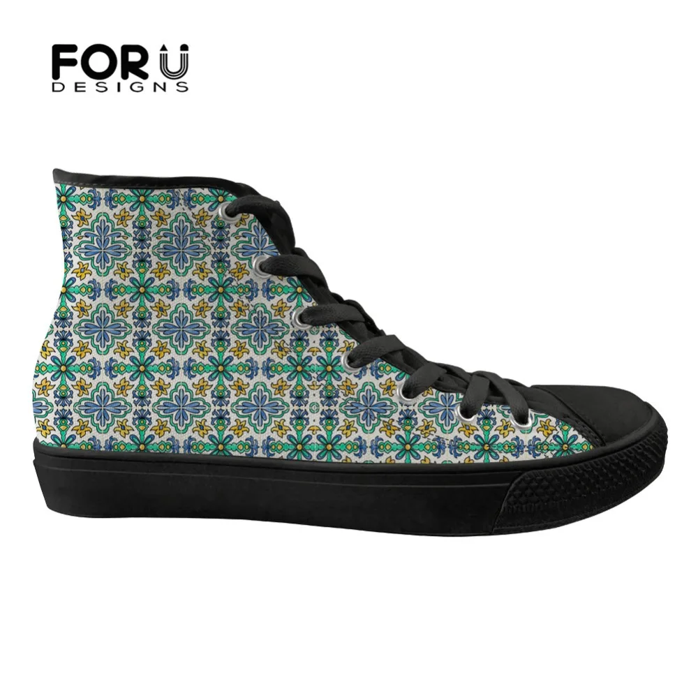 

FORUDESIGNS Trendy Spanish Tile Women's 3D Print Flats Shoes High Top Vulcanized Canvas Shoes for Ladies Female Casual Sneakers
