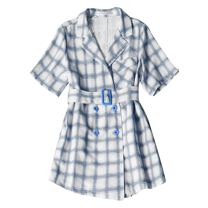 

PERHAPS U blue white yellow turn down collar button sash long sleeve playsuits plaid pocket J0009