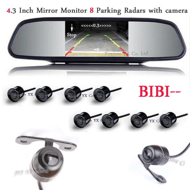 

4.3" Car Mirror Monitor Radar Parking System BIBI Alarm 8 Sensors with Front View Camera + Rear view Camera set Parking Assist