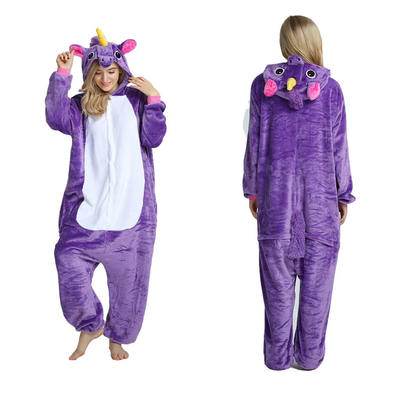 Пижамы с единорогом, унисекс, комплекты одежды для сна с героями мультфильмов, пижамы с единорогом, Ститч, Акула, кигуруми, единороги, теплая Фланелевая пижама с капюшоном - Цвет: Purple unicorn tenma
