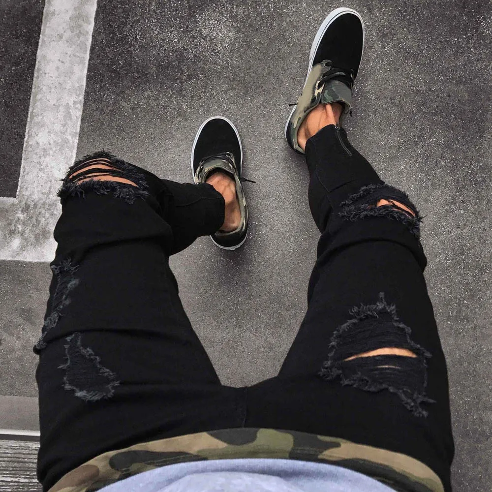 Mens Cool Designer Brand Black Jeans Men Slim Biker Zipper Denim Jeans Skinny Frayed Pants Distressed 3