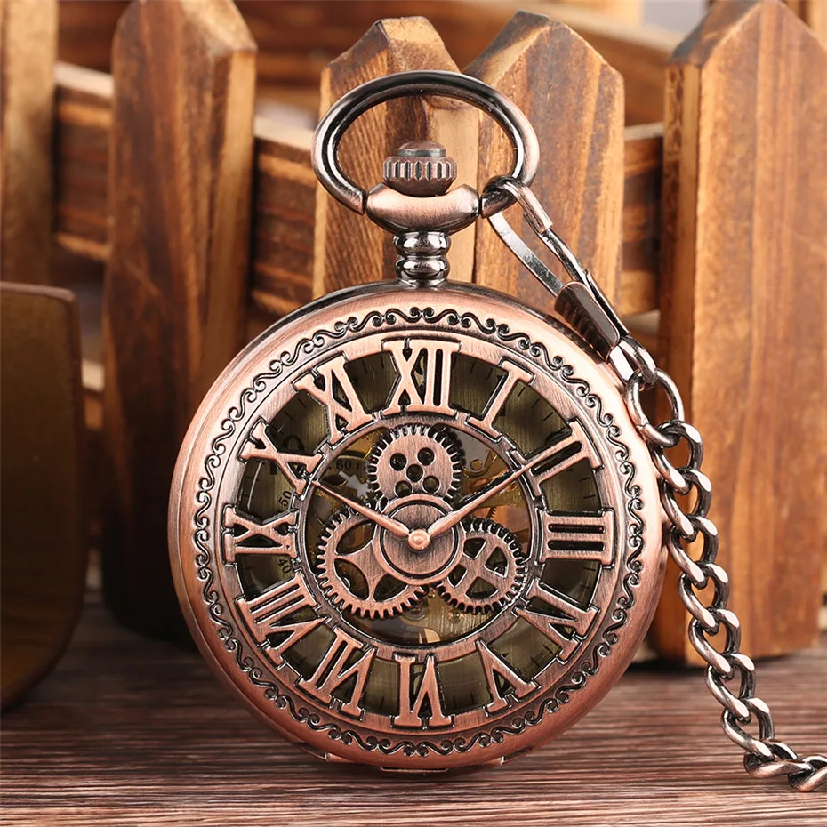 Copper Color Hollow Gear Roman Mechanical Pocket Watch Chain Classic Hand Winding Clock Roman Number Men Women Children Clock (1)