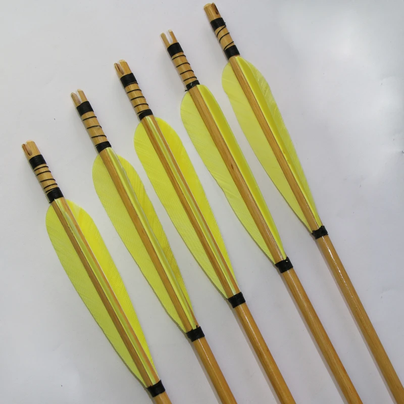 12 pieces archery hunting wood arrows with 5 inch yellow turkey feather