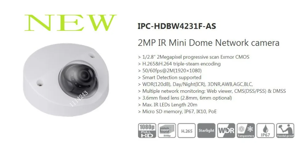 В наличии БЕСПЛАТНАЯ ДОСТАВКА DAHUA безопасности IP Камера 2MP ИК Мини купольная сетевая Камера IP67 с PoE с логотипом DH-IPC-HDBW4231F-AS