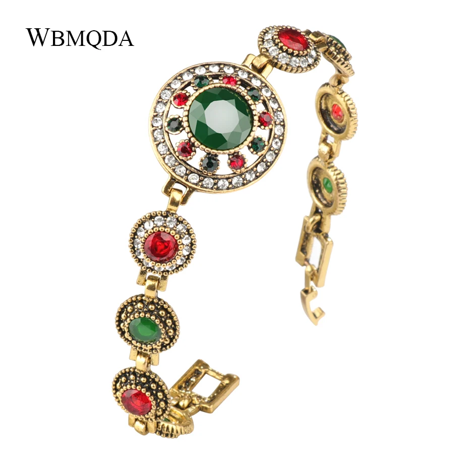 

Wbmqda Fashion Big Stone Crystal Flower Bracelets For Women Antique Gold Color Indian Vintage Jewelry 2018 Turkish Bracelet
