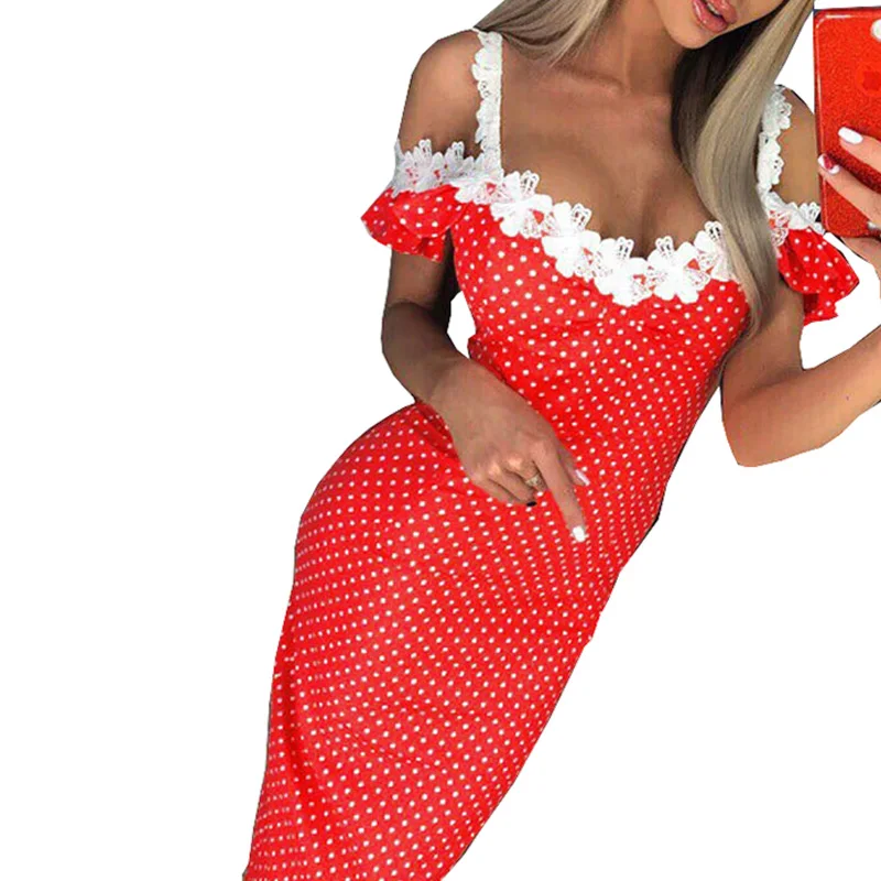 

Butterfly Sleeve Polka Dot Vintage Dress Elegant Women Dress Party Holiday Sexy Off Shoulder Crochet Midi Sundress Sheath GV299