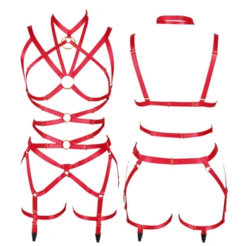 

Punk Pastel Goth Red Strappy Harness Bra Fashion Body Cage Garter Belt Hollow Out Women Elastic Adjustable Cosplay Clothing