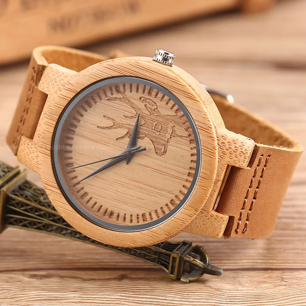 Повседневные деревянные часы с головой оленя для мужчин и женщин, чехол из натурального бамбука, кожаный ремешок, деревянные часы, мужские кварцевые наручные часы для подарка