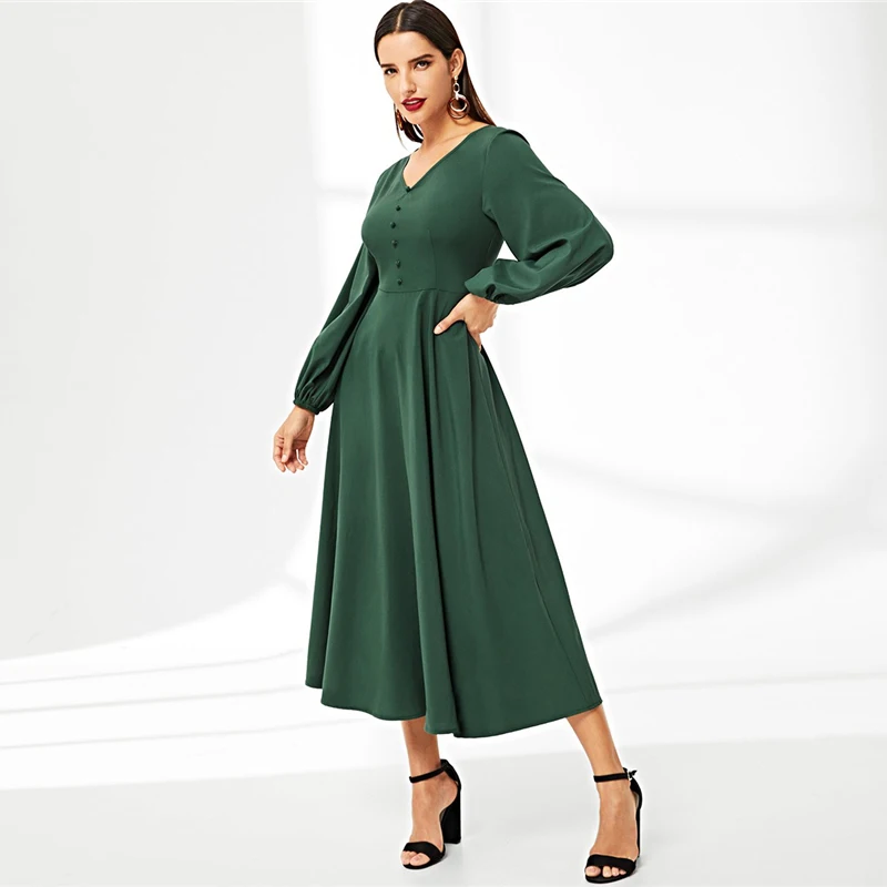 SHEIN abaya, зеленое платье с v-образным вырезом и пуговицами, рукав-фонарик, однотонное длинное платье трапециевидной формы с высокой талией,, винтажные осенние женские платья