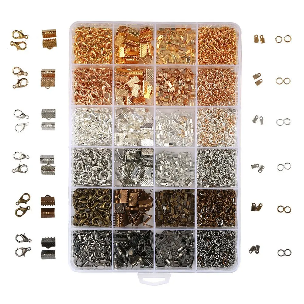 

24 Style 2460 Pcs/ Box Jewelry Making Kit 6 Colors with Open Jump Rings, Lobster Clasps, Cord Ends and Ribbon Ends