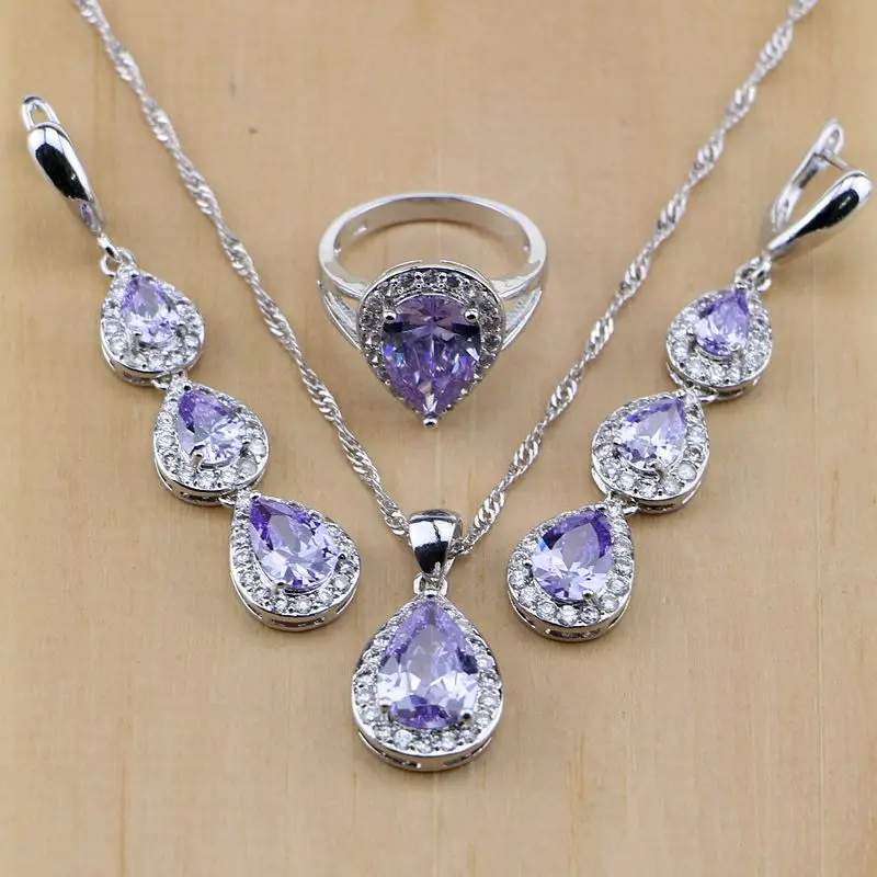 Silver 925 Jewelry Sets Purple Crystal White CZ Bridal Jewelry For