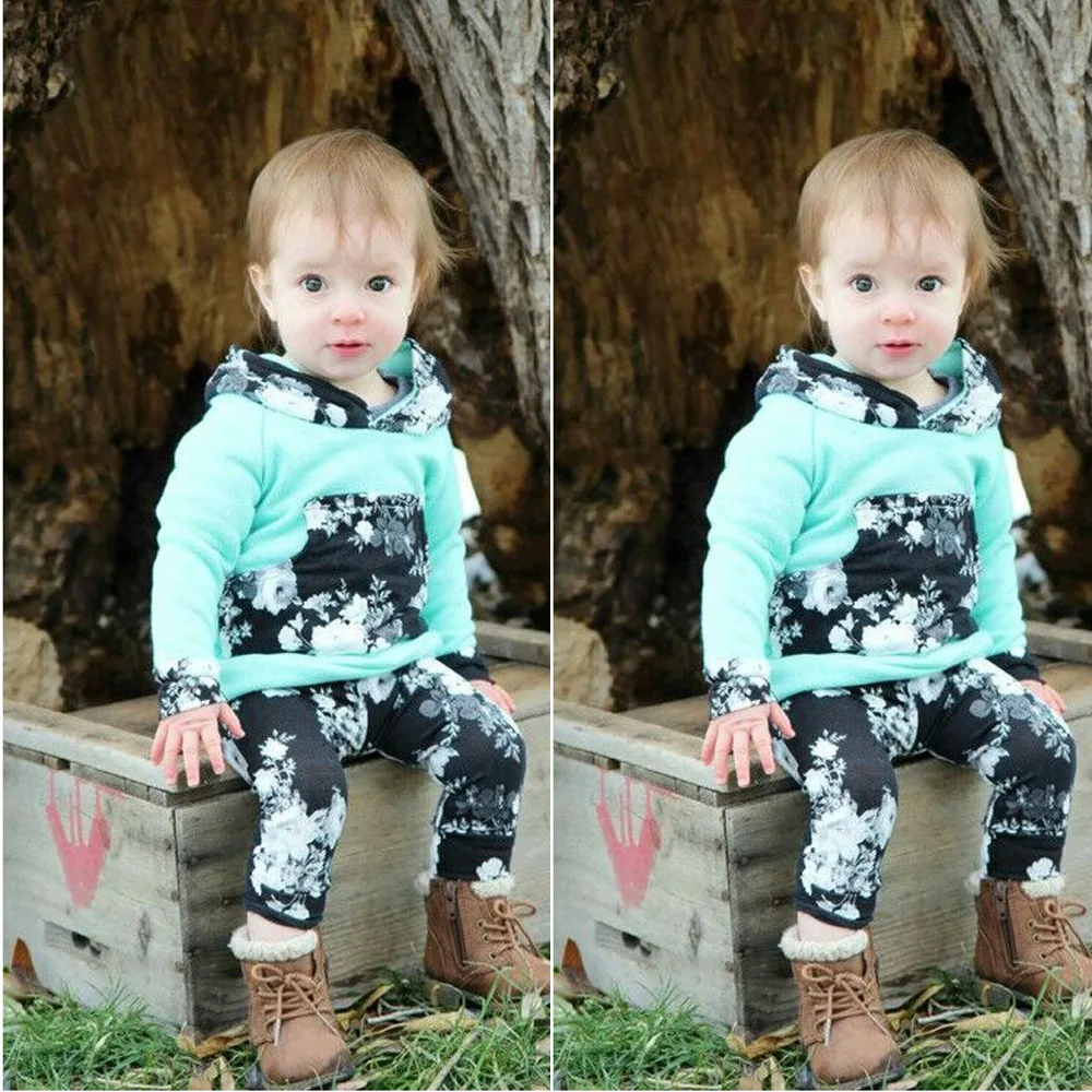 Fashion 2Pcs Mint Green Kids Infant Baby Boys girls Long Sleeve Floral