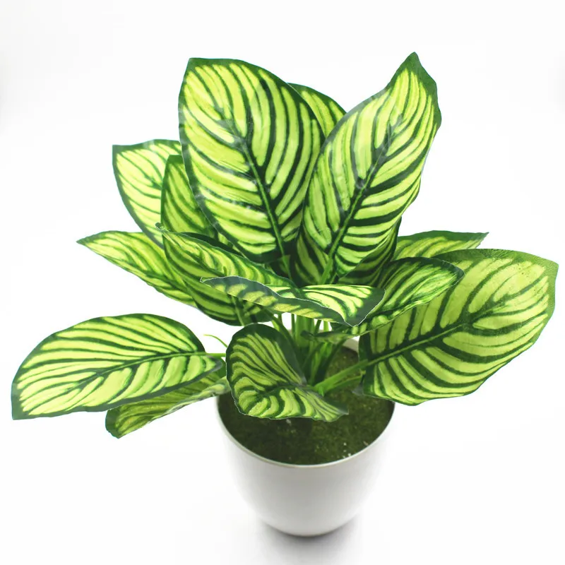

Artificial calathea green plants plastic leaf white peacock leaves grass bouquet home wedding shop green wall decoration