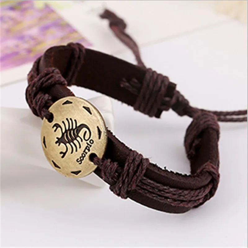 Мода 12 знаки зодиака кожаный браслет созвездия кожаные браслеты регулируемый браслет ювелирные изделия SL-409