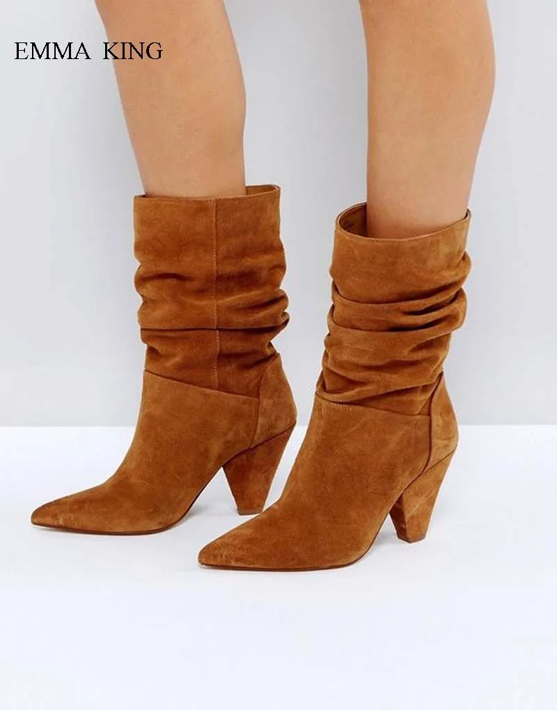 

Fashion New Autumn Winter Ankle Boots for Women Pointy Toe Spike Heels Suede Motorcycle Boots Slip On Botines Mujer Party Sshoes
