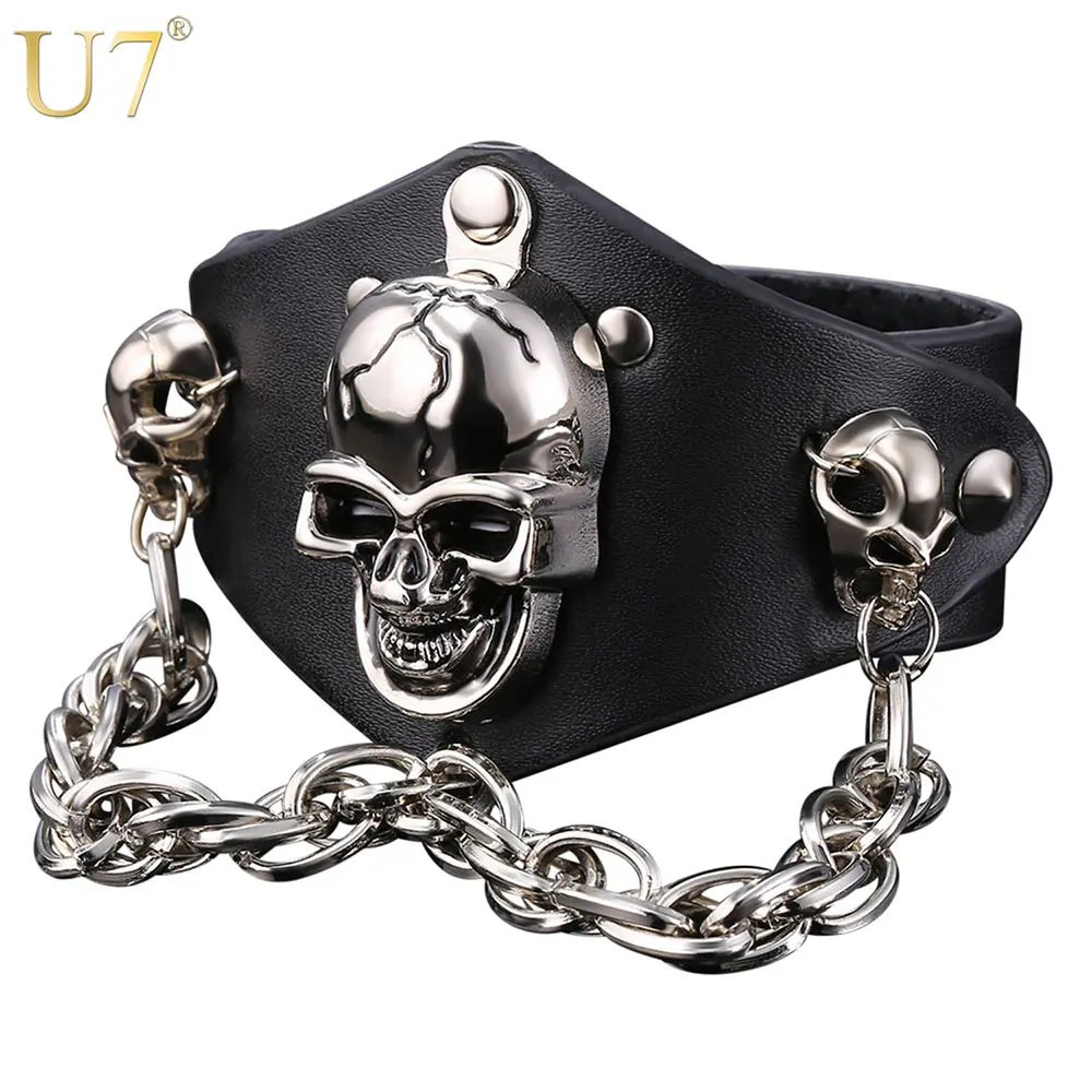 U7 Hot New Punk Jewelry Stainless Steel Skull Bracelets Black Leather