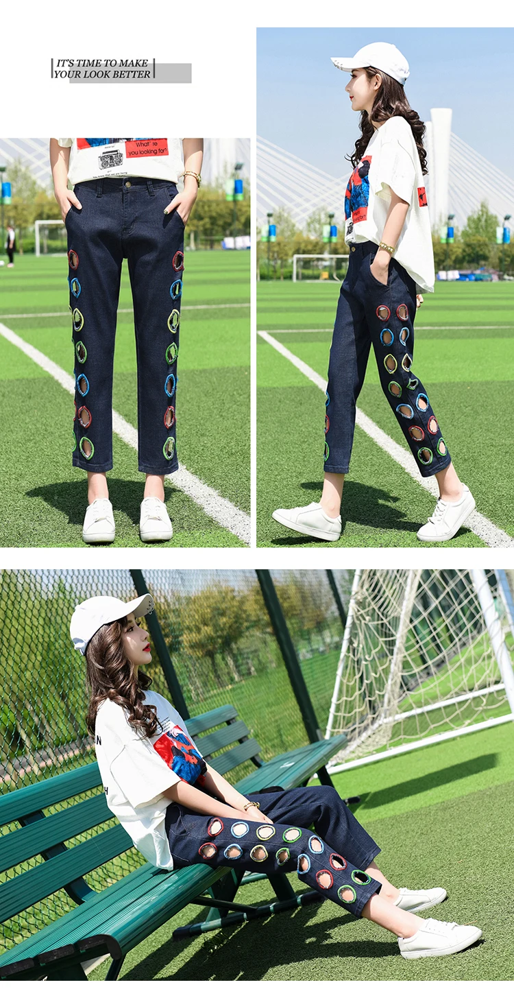 WKOUD модные джинсы для Для женщин летние джинсы длиной до щиколотки отверстия украсить прямые брюки женские повседневные штаны P9060