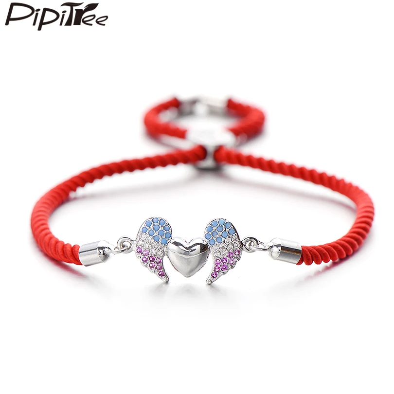 

Pipitree Copper Cubic Zirconia Angel Wings Heart Bracelets for Women Adjustable Red Cord Lovers' Bangle Charm Bracelet Jewelry