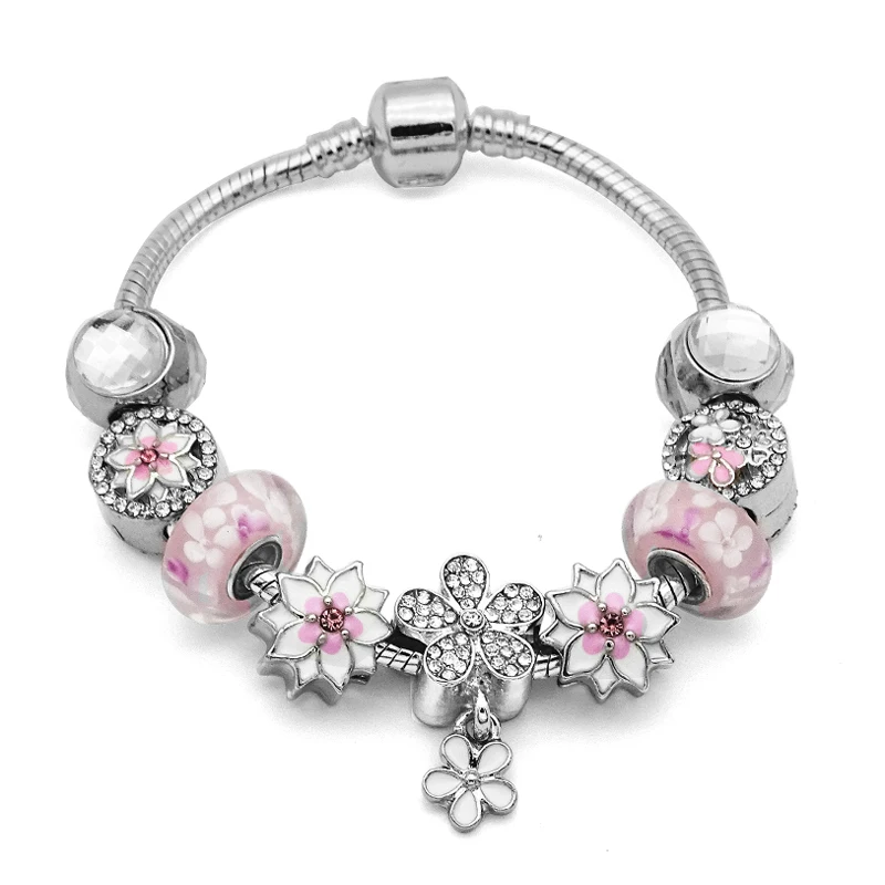 

2019 Spring Hot Sale Romantic Exquisite Bracelets Charms Pink Enamel Flowers Beads Fits European Bracelets Women Gifts