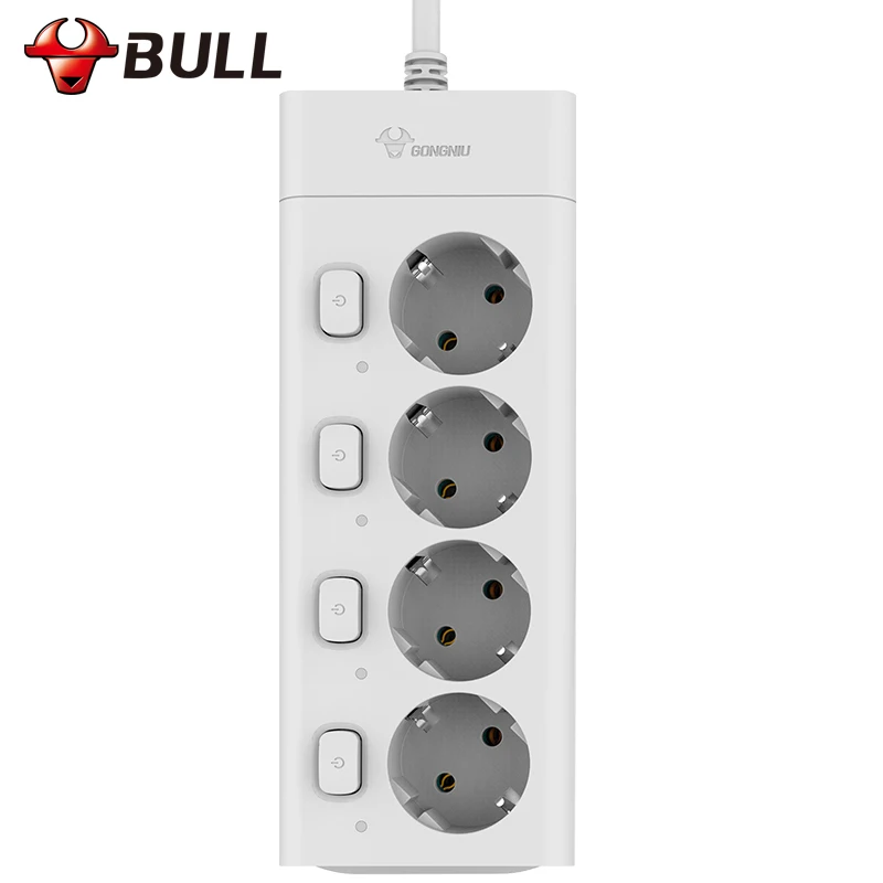 Bull 10A 2500W 3M Extension Lead Power Strip Extension Cord Individual Switched Eu Plug Power Strip Electrical Socket EU Plug 2500w 4 outlet ac electric power bar strip w individual switch led indicator ac 250v 3m cord