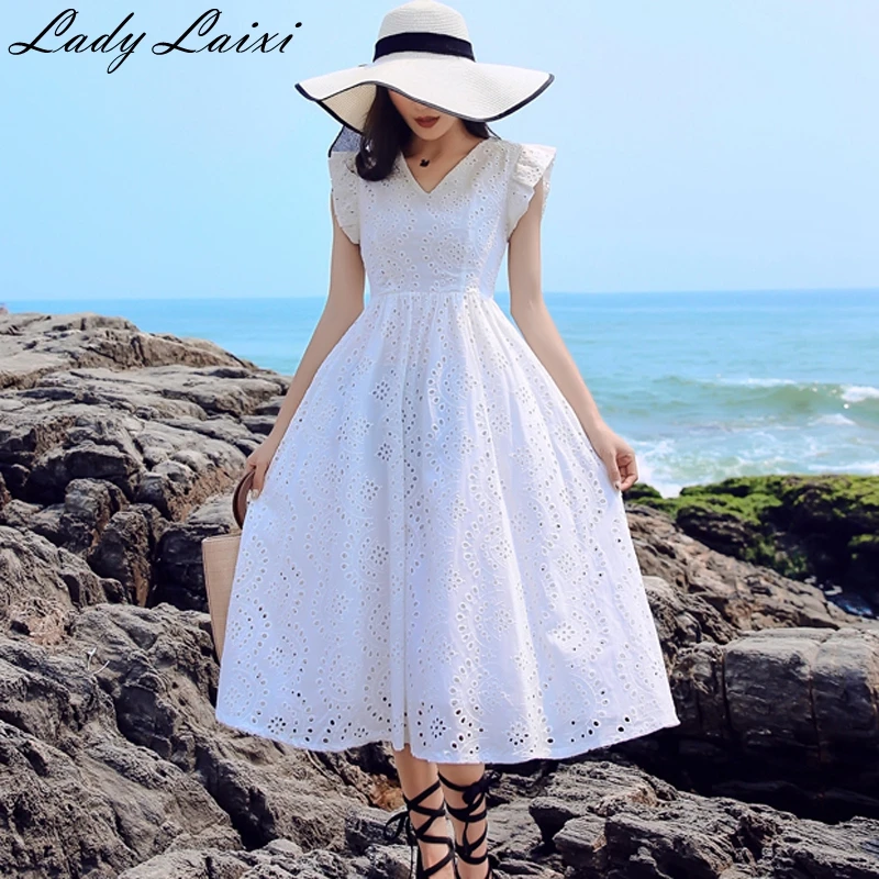 

White Embroidered Cotton Mid-calf Dresses Women Summer Hollow Out Slim A-Line Lace Dress Female Casual V-Neck Runway dress