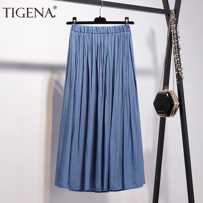Tigena длинные женские макси юбки 2019 модные летние эластичные Высокая Талия Женская плиссированная юбка элегантный черный, белый цвет синяя
