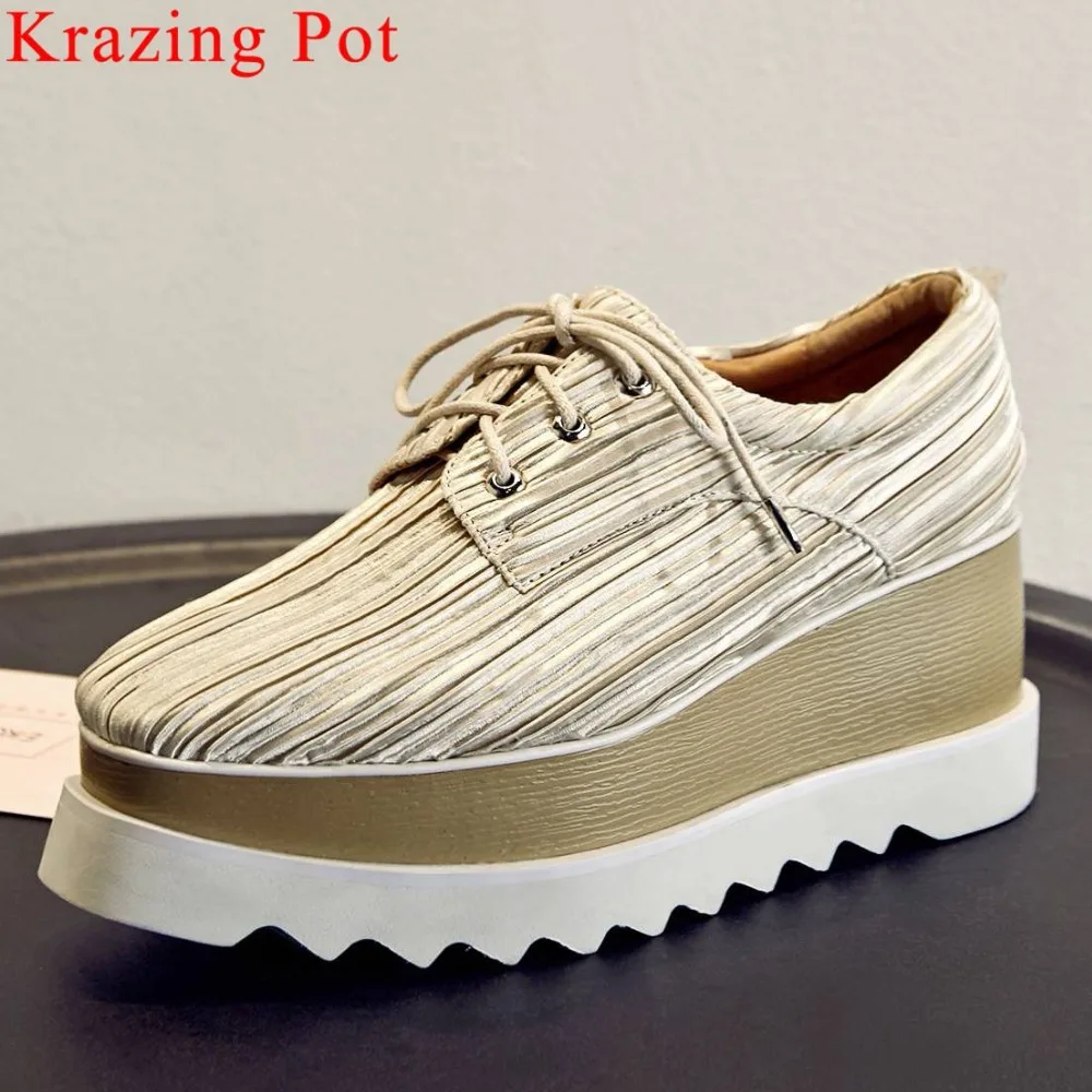

Krazing Pot European superstars high quality natural leather lace up wedges thick bottom square toe Punk streetwear pumps L18