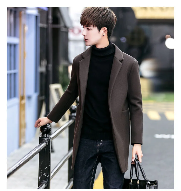 Повседневная мужская куртка в Корейском стиле, однотонное пальто с одной пуговицей, Мужская шерстяная куртка с карманами и отложным воротником, пальто и куртка