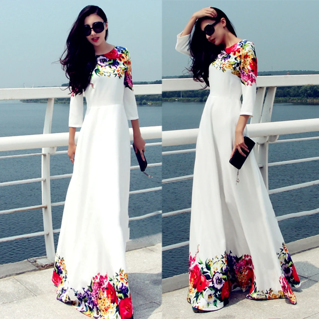 2017 Summer Beach Women'S Size Flower O Neck Dresses 3/4 Sleeve Print