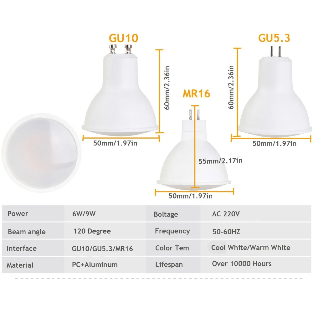 GU10 MR16 GU5.3 Светодиодный прожектор 220 V 6 Вт, 9 Вт COB Чип угол луча 120 Пластик Алюминий Прохладный пятно света Настольный Bombillas