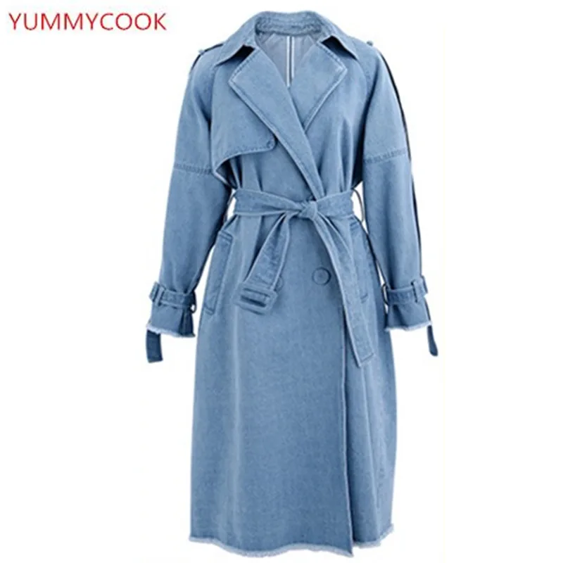 

YUMMYCOOK 2018 Spring Autumn Fashion Slim Long section Solid Color Double-breasted lapel Denim Windbreaker Women's clothing A144