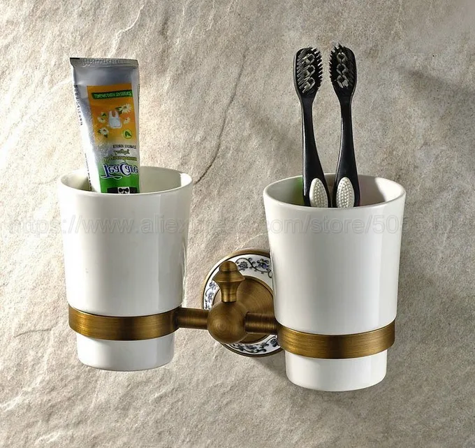 Antique Brass  Wall Mounted Dual Cup Holder Toothbrush Holder W/ Two Ceramic Cups For Bathroom Accessories zba408