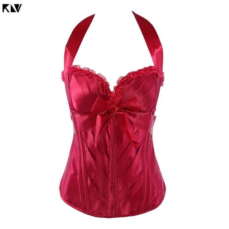 Dark Red KLV женский винтажный корсет в стиле ренессанс бюстье атласное однотонное на лямке v-образный вырез оборки бант Boned Top панк вечерние нижнее белье - Цвет: Dark Red