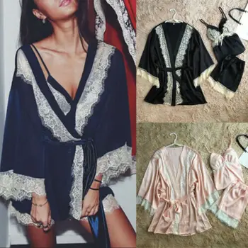 

3pcs Women Sexy Satin Lace Hot Home Sleepwear Babydoll Lingerie Nightdress Pajamas Set 1 x Outwear+1 xCamisoles+1 xPants