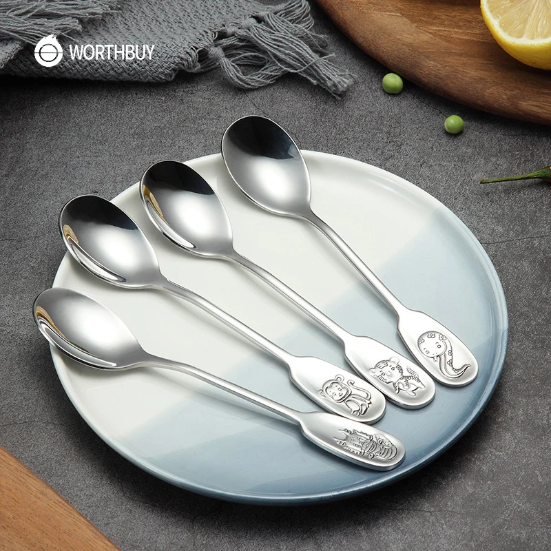 

WORTHBUY Cartoon Kids Spoon Chinese 12 Symbolic Animals Spoon Stainless Steel Soup Spoon With Long Handle Kitchen Serving Spoon