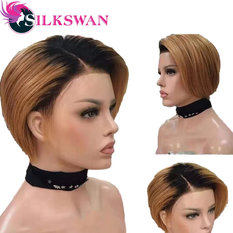 Pelucas de corte de pitillo corto Silkswan cabello remy humano brasileño personalizado 150% densidad peluca frontal de encaje 1b/27 para negro las mujeres la parte lateral