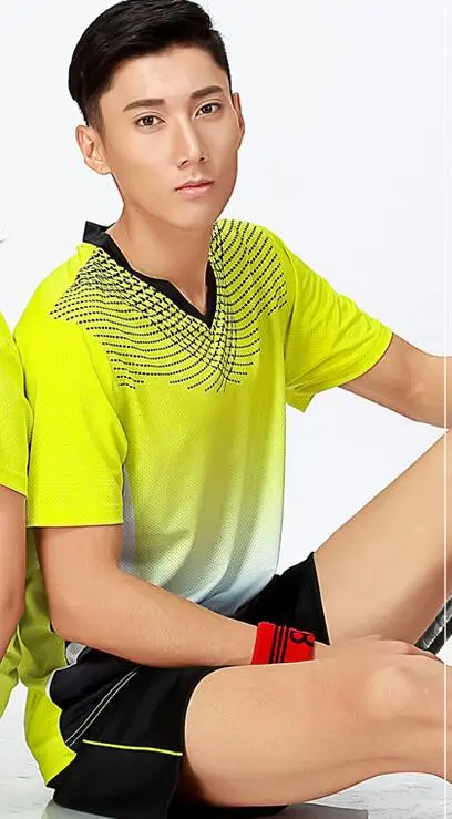 Женский мужской костюм из футболки и шорт, Мужская теннисная рубашка, женский спортивный костюм для пинг-понга, быстросохнущая теннисная футболка, комплект одежды для поезда - Цвет: men green one set