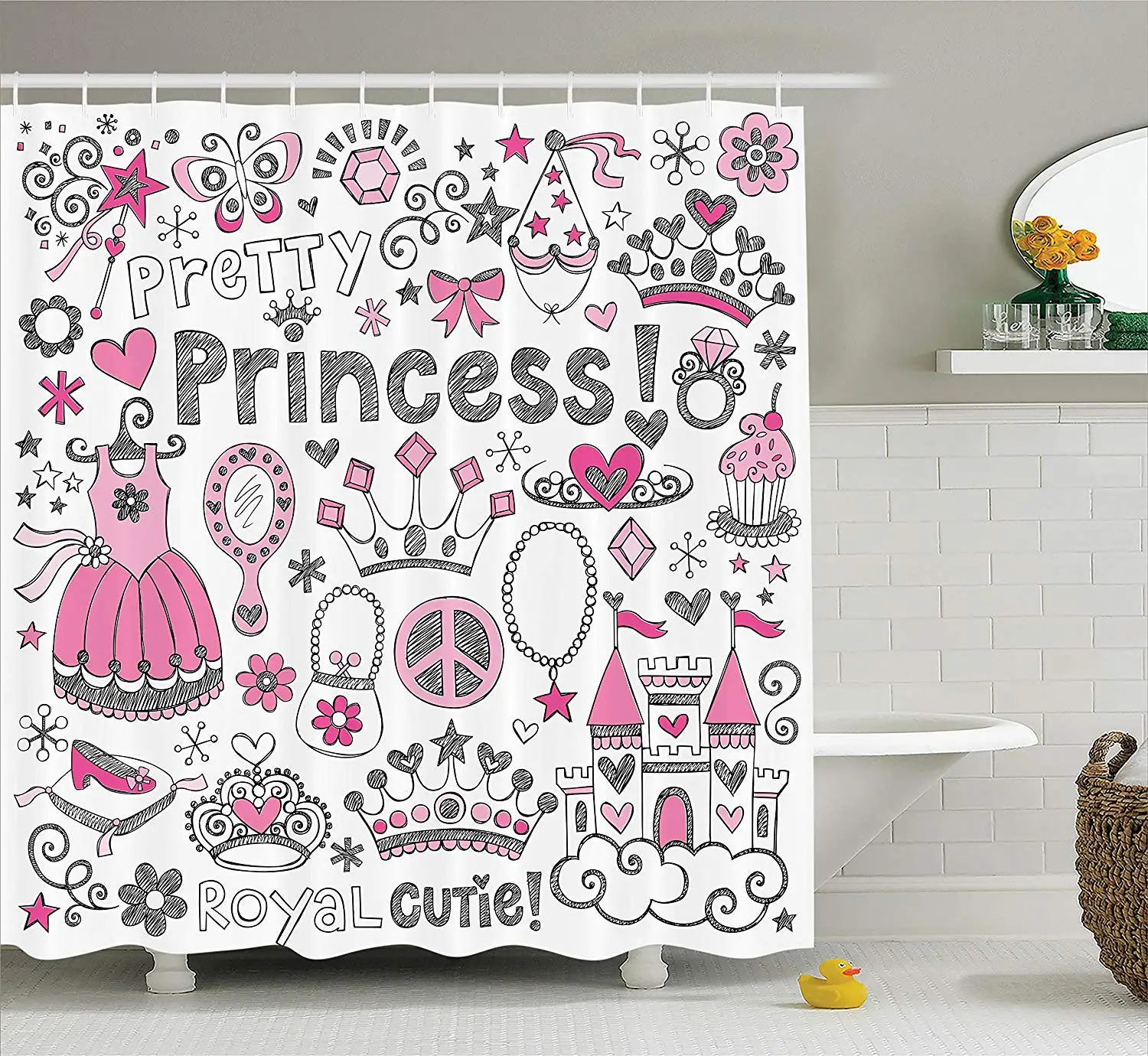 

Teen Girls Fairy Tale Princess Shower Curtain Set Tiara Crown Notebook Doodle Design Sketch Illustration Bathroom Accessories
