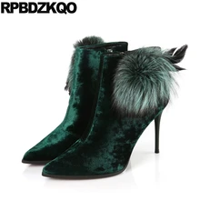 Батильоны норка зима стилет обувь Большой бренд бархат зеленый на каблуке 9 ботильоны острый носок мех Женские ботинки замша больших размеров короткая женский женская мода китайский