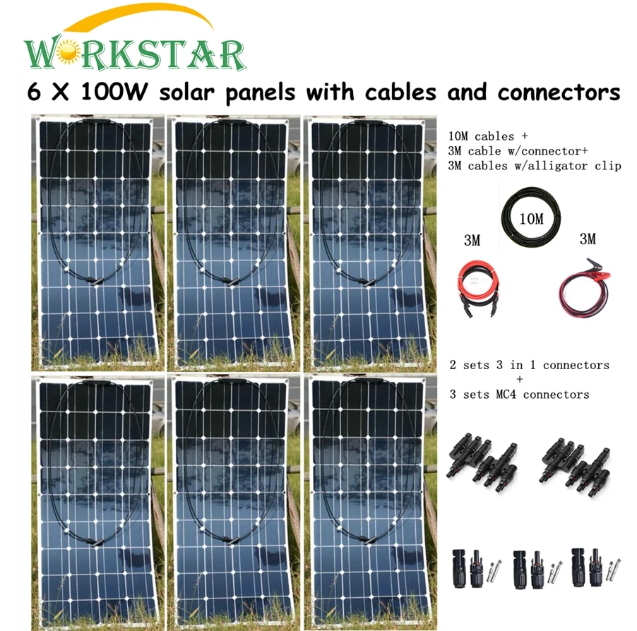

6pcs Mono 100w Solar Panel Modules with MC4 Connectors and Cable House Use Off Grid Solar 600w Power System Factory Price